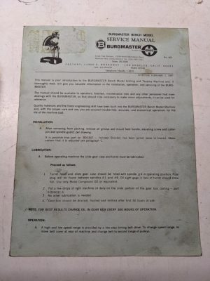 Burgmaster Service Manual Drilling Turret Machine Model Bench Parts List 2/1967