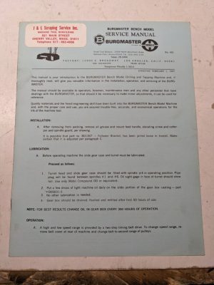 Burgmaster Service Manual Drilling Tapping Machine Model Bench Parts List 401