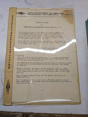 Jaespa Metal Band Sawing Machine Model As Instruction Maintenance Manual