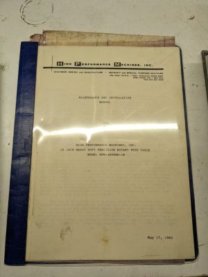 High Performance Machines 18” Feed Table Hpm-360Khd-18 1982 Manual Maintenance