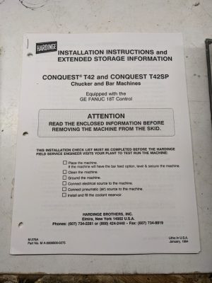 Hardinge Installation Instruction Manual Conquest T42 T42Sp Fanuc 18T 1994
