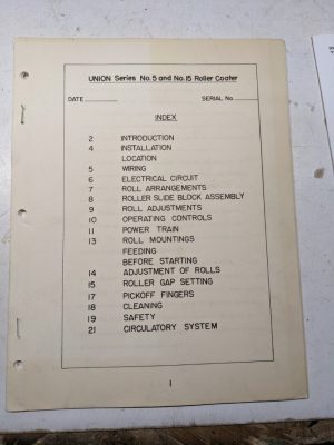 Union Series #5 #15 Roller Coater Installation Service Operation Manual