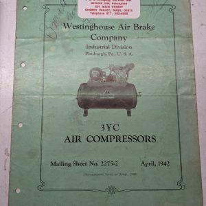 Westinghouse Air Brake Company 3Yc Air Compressor 1942Parts List Book Manual