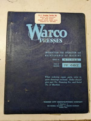 Warco Presses Instruction Operation Maintenance Manual 75 Obi Warren City