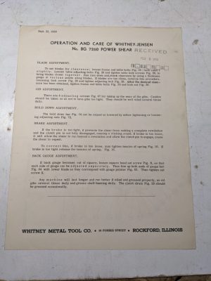Whitney-Jensen Metal Tool Operation Care Power Shear Parts List Manual Bg 7260