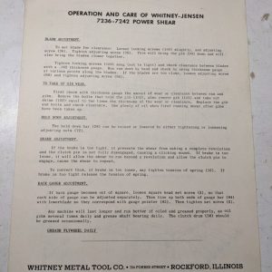 Whitney-Jensen Metal Tool Operation Power Shear Part List Manual 7236-7242 1950