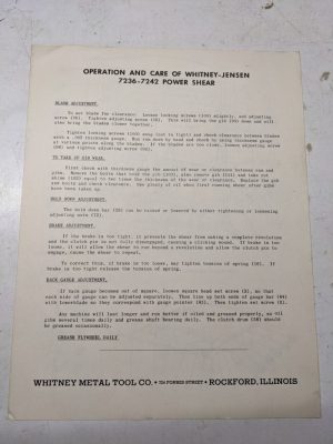 Whitney-Jensen Metal Tool Operation Power Shear Part List Manual 7236-7242 1950