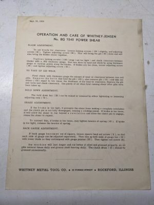 Whitney-Jensen Metal Tool Operation Care Power Shear Parts List Manual 7242 1950
