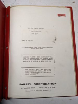 Farrel 100 Ton Table Bender Machine #8544 65Wr-5790 Instruction Manual Drawings