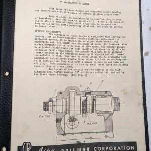 Lipe-Rollway Lathe Operation Manual 9” Manufacturing Parts List Book