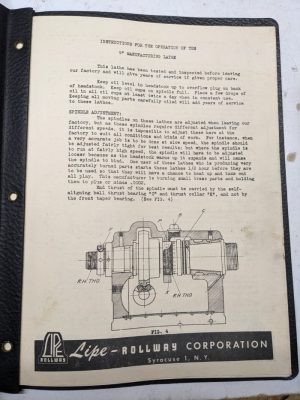 Lipe-Rollway Lathe Operation Manual 9” Manufacturing Parts List Book