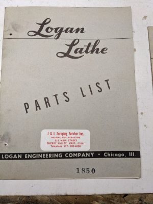 Logan Lathe Repair/Service Parts List Shop Book Manual Catalog #1850 1954