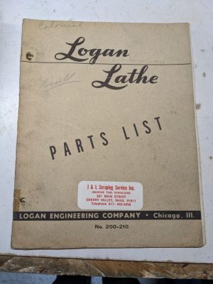 Logan Lathe Repair/Service Parts List Shop Book Manual Catalog #200-210 1948