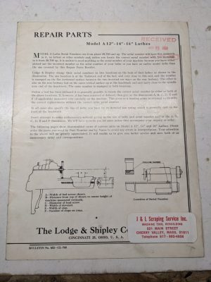 Lodge & Shipley Lathes Repair Parts List Book Manual Catalog A 12” 14” 16”
