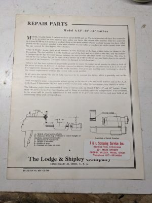 Lodge & Shipley Lathes Repair Parts List Book Manual Catalog A 12” 14” 16” Model