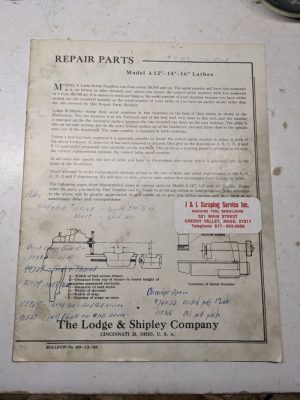 Lodge Shipley Lathe Repair Parts List Book Manual Catalog A 12 14 16” 452-Cl-748