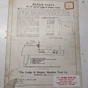 Lodge Shipley Lathes Repair Parts List Manual Catalog A 12” 14” 16” 452-Fl-1243
