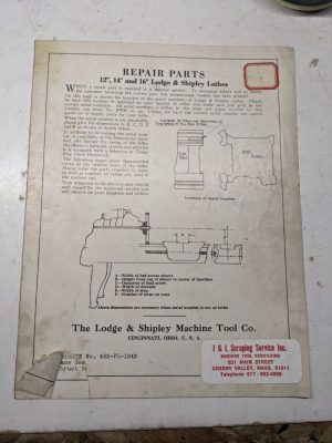 Lodge Shipley Lathes Repair Parts List Manual Catalog A 12” 14” 16” 452-Fl-1243