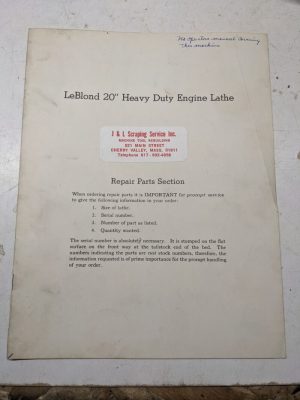 Leblond Lathes Parts List Book Catalog Manual 20” Heavy Duty Engine Tool Machine