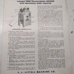 Littell Machine Parts List Operating Instruction 308-7Pds 312 Straightening