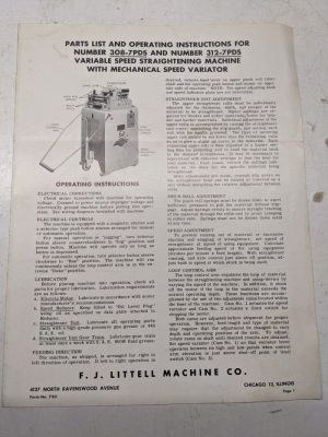 Littell Machine Parts List Operating Instruction 308-7Pds 312 Straightening