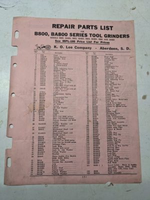 K.O Lee Parts List Manual Catalog B600 Series Grinders B 800 Ba 803 804 860