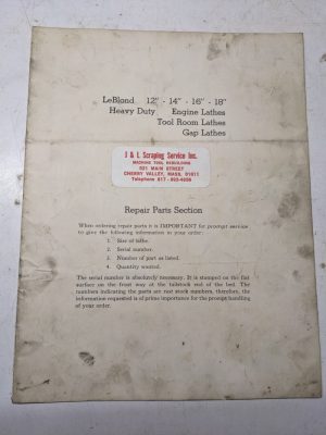 Leblond Lathes Repar Parts List Book Catalog Manual 12 14 16 18” Engine Tool