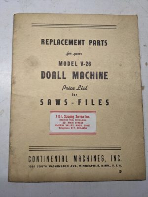Do-All Band Machines Saw Parts List Book Manual Model V-26 Saws-Files Shop