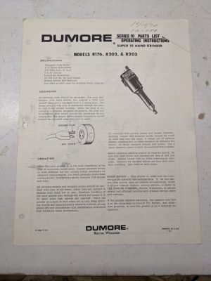 Dumore Series 10 Part List Operating Instruction Manual Model 8176 8202 8203