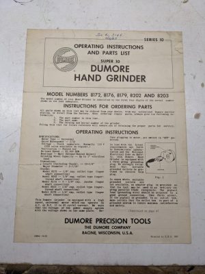 Dumore Super 10 Part List Operating Instruction Manual Model 8172 8176 8179 8202