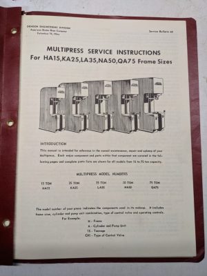 Denison Equipment Service Manual Multipress Ha15 Ka25 La35 Na50 Qa75 1955 Repair