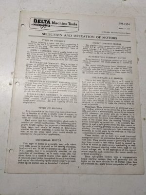 Delta Milwaukee Machine Tools Selection Operation Of Motors Pm-1554 1943 Manual