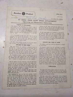 Rockwell 20” Drill Press Slow Speed Attachment Operating Maintenance Manual 1958