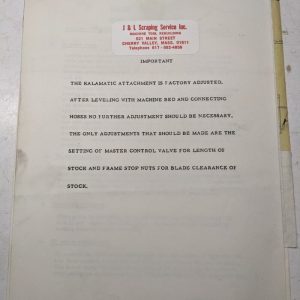 Kalamazoo Band Saw Kalamatic Attachment Bar Feed Model B Operation Manual