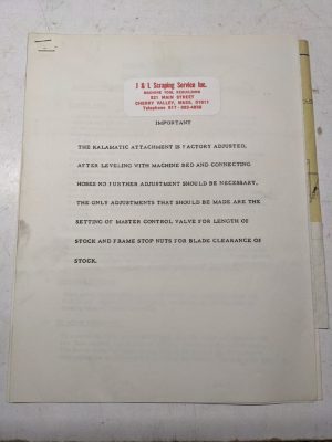 Kalamazoo Band Saw Kalamatic Attachment Bar Feed Model B Operation Manual