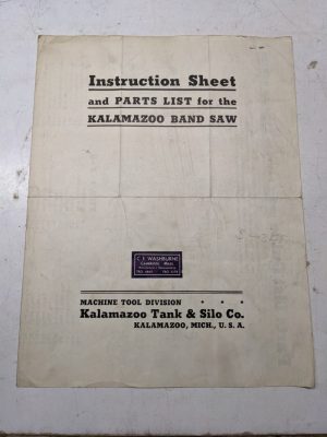 Kalamazoo Band Saw Instruction Sheet Parts List Shop Book Manual Machine Tool