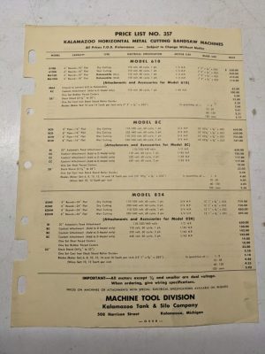 Kalamazoo Band Saw Tool Parts Price List #357 Horizontal Metal Cutting Machine