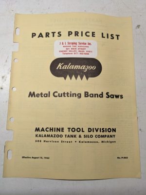 Kalamazoo Band Saw Tool Parts Price List #P-863 1963 Metal Cutting Machine