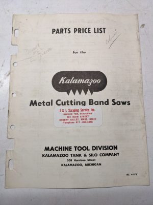Kalamazoo Band Saw Tool Parts Price List #P-573 1953 Metal Cutting Machine