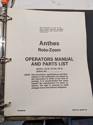Athens Roto-Zoom Oeprators Manual Parts List Book Rz 30 300 40 1982 Platform