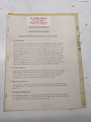 Kalamatic Hydraulic Band Saw Bar Feed Operator Instruction Manual Part List