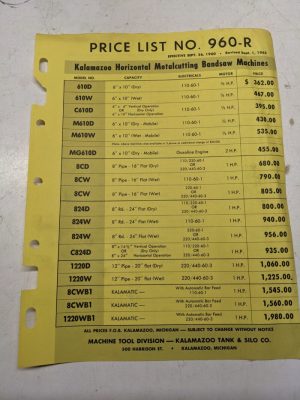 Kalamazoo Parts Price List Cutting Band Saws 1962 960-R 8C 610 824 1220 Machine