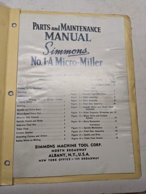 Simmons Machine Tool Parts Book List Maintenance Manual #1-A Micro Miller