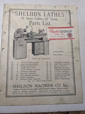 Sheldon Machine Parts List Book Manual Catalog Xl Series 10” Lathes Setup