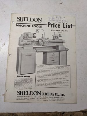 Sheldon Machine Tool Product Sales Price List 1961 Lathes Milling Accessories