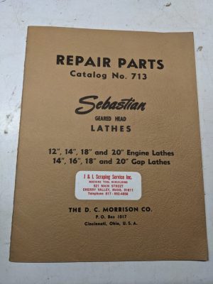 Sebastian Repair Parts List Book Manual Catalog Engine Gap Lathe 12-20” Geared
