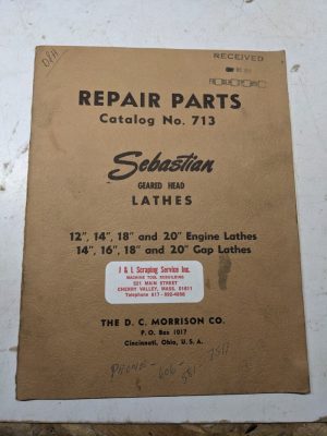 Sebastian Repair Parts List Book Manual Catalog Engine Gap Lathe 12-20” 1950