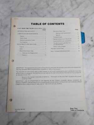 Ford Repair Service Manual 5 Hp Rear Tine Tiller Model 09Gn 1134 1984