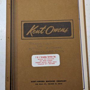 Kent-Owens Milling Machine #1-8 #40 Taper Part List Manual Book Illustrated