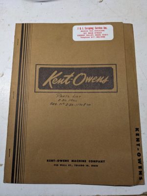 Kent-Owens Machine 2-20 Automatic Milling Parts List Book Manual Catalog 1965